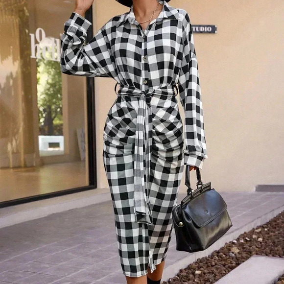Black & White Casual Womens Gingham Drop Shoulder Ruched Belted Shirt Dress - Picture 3 of 5